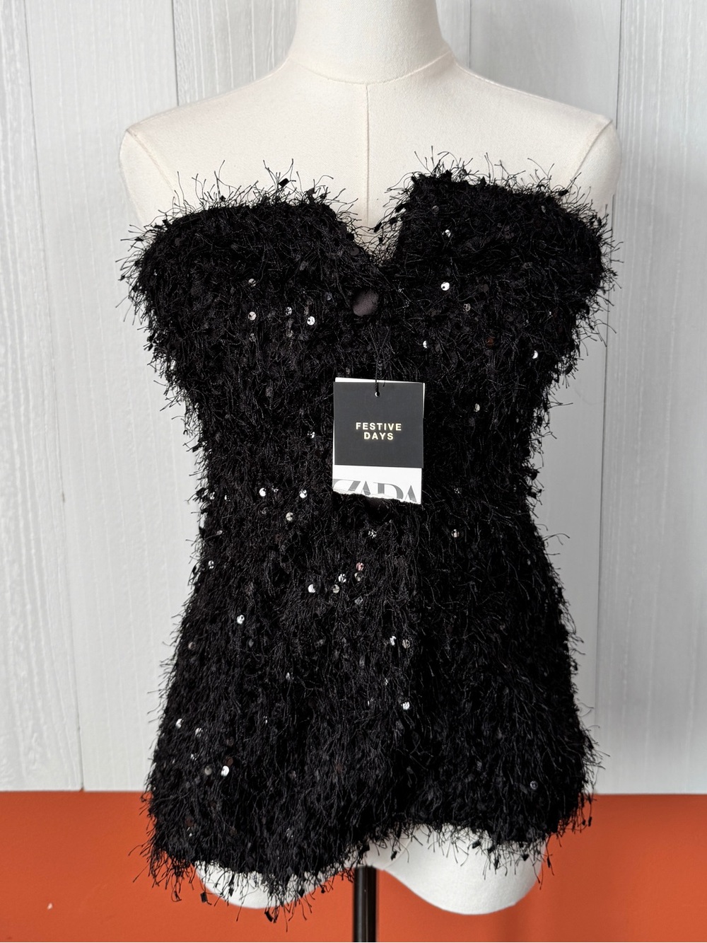 Zara Festive Days Strapless Sequin Fringe Corset Top Black XS